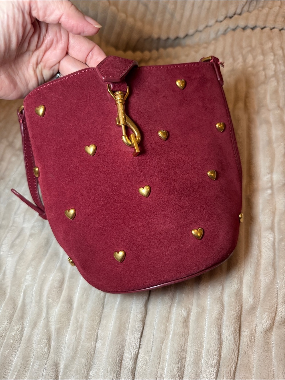 Rebecca Minkoff Wine Red Suede Crossbody with Gold Heart Studs